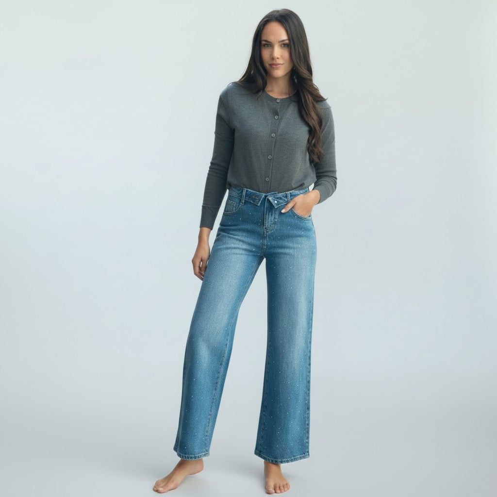 blauwe jeansbroek brede pijpen