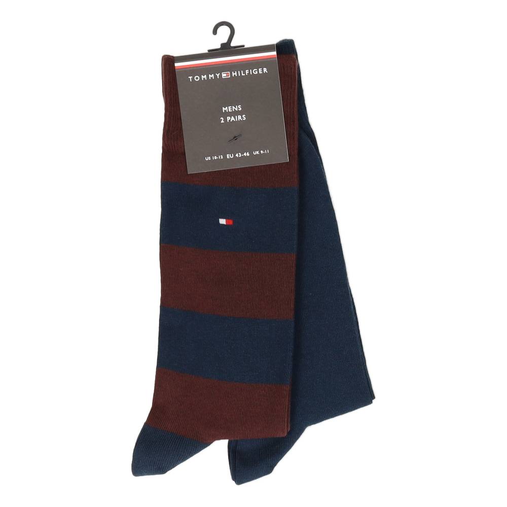 1 paar lange blauwe en 1 paar bordeaux/blauwe kousen