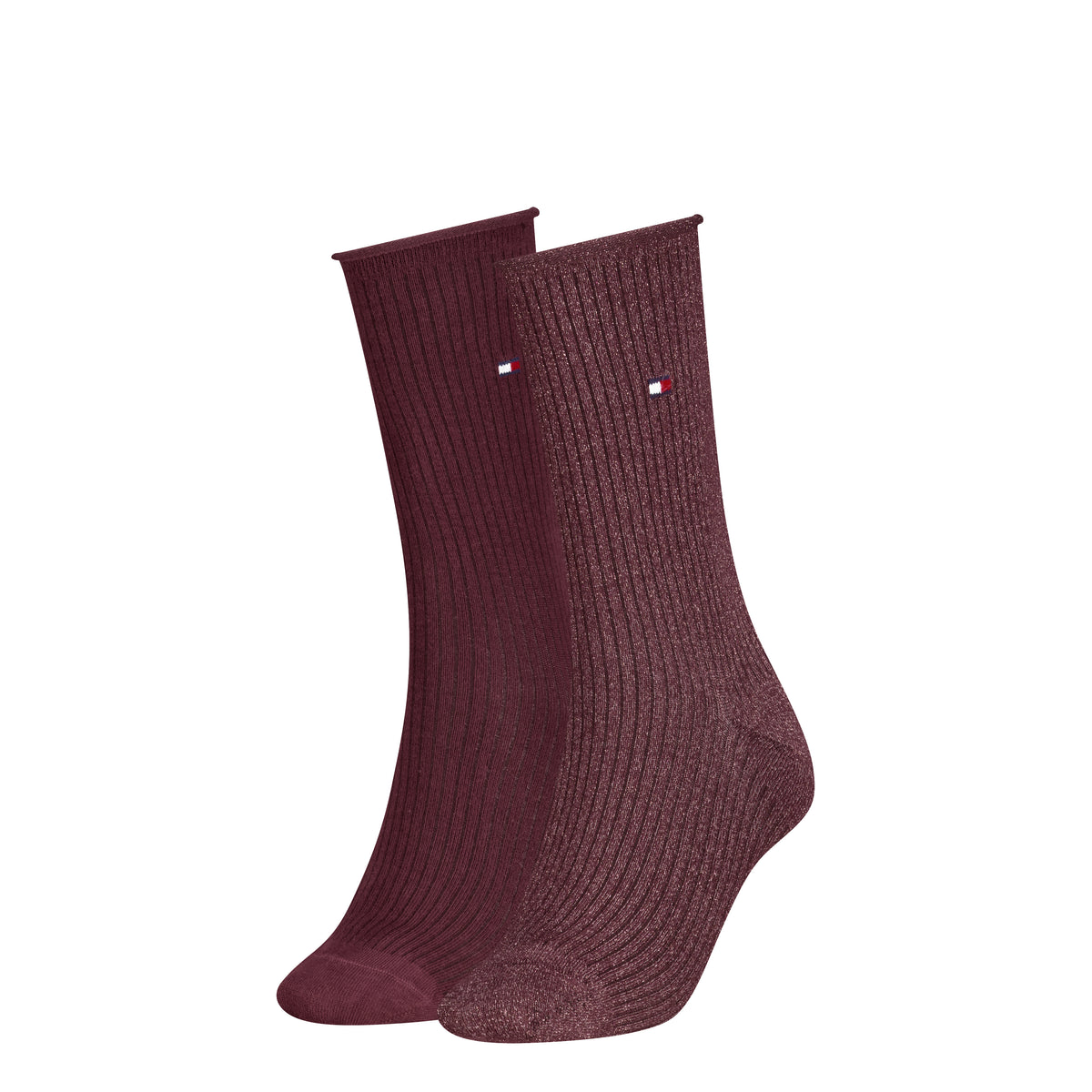 1 paar lange kousen bordeaux en 1 paar bordeaux met glitter