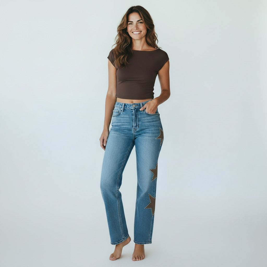 blauwe jeansbroek brede pijpen