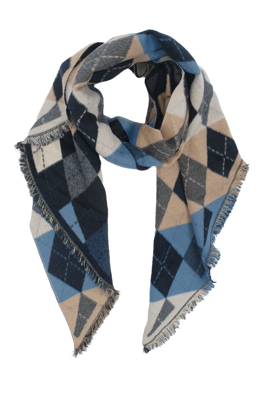 blauwe sjaal met beige en grijze ruiten
